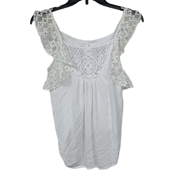 Aeropostale White Lace Flutter Sleeve Crepe Tank Tee Medium Knit Blouse Work - Picture 1 of 8